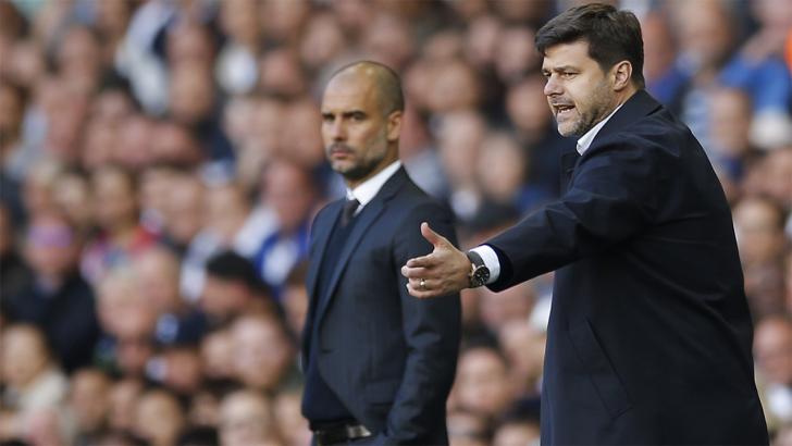 Manchester City manager Pep Guardiola with the Spurs boss Mauricio Pochettino.